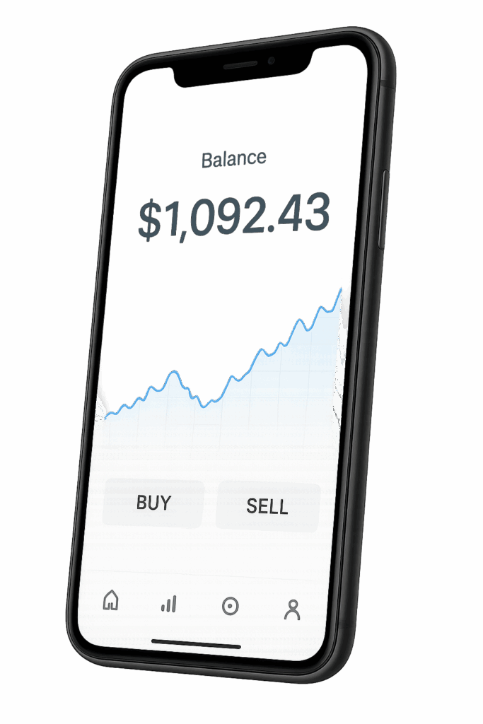Mobile phone displaying Savanna Exchange-style crypto trading guide showing an interface with $1,092.43 balance, upward market chart, and buy/sell options on a clean white screen.