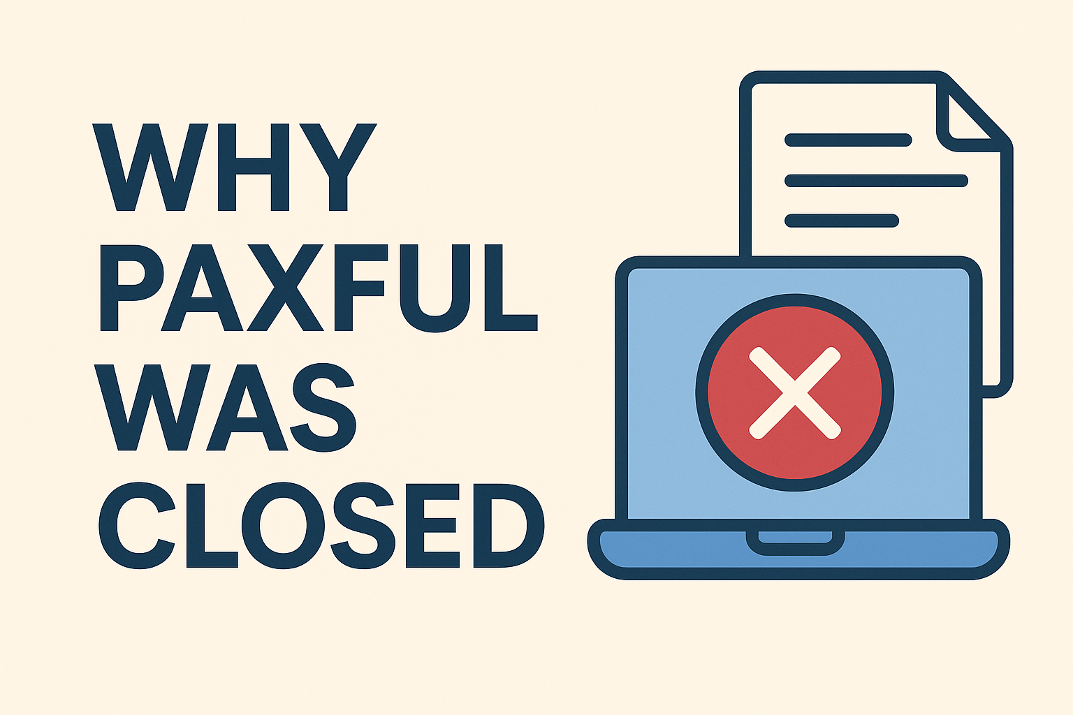 Illustration showing “Why Paxful Was Closed” with a laptop displaying a red error symbol, representing Paxful shutdown 2023 and regulatory issues.