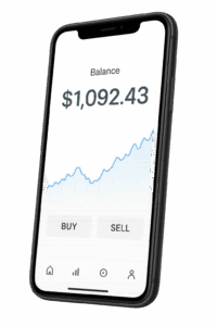 Mobile phone displaying Savanna Exchange-style crypto trading guide showing an interface with $1,092.43 balance, upward market chart, and buy/sell options on a clean white screen.