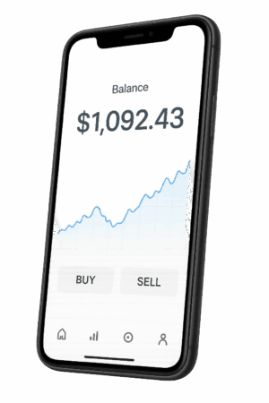 Mobile phone displaying Savanna Exchange-style crypto trading guide showing an interface with $1,092.43 balance, upward market chart, and buy/sell options on a clean white screen.