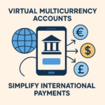 Illustration of virtual multicurrency accounts showing a mobile banking app connecting global currencies like USD, EUR, and GBP to simplify international payments.